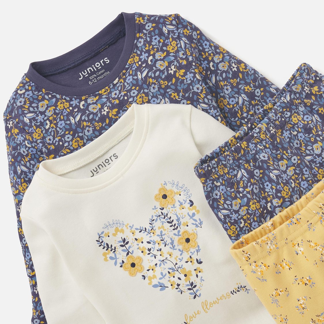 Juniors Floral Print Long Sleeve T-shirts and Pyjamas - Set of 2
