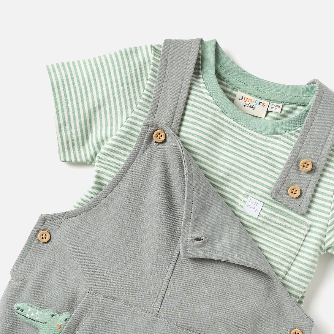 Juniors Crocodile Applique Dungaree and Striped T-shirt