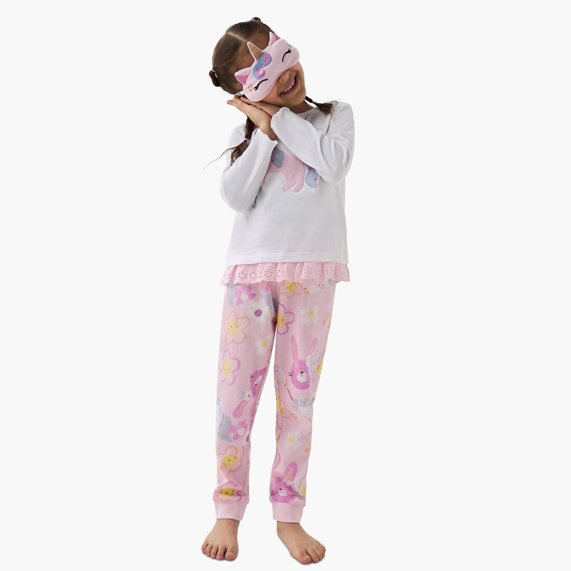 Juniors Unicorn Applique Top with Pyjamas and Eye Mask