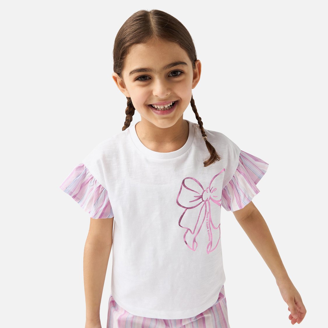 Juniors Bow Print T-shirt and Striped Pyjama