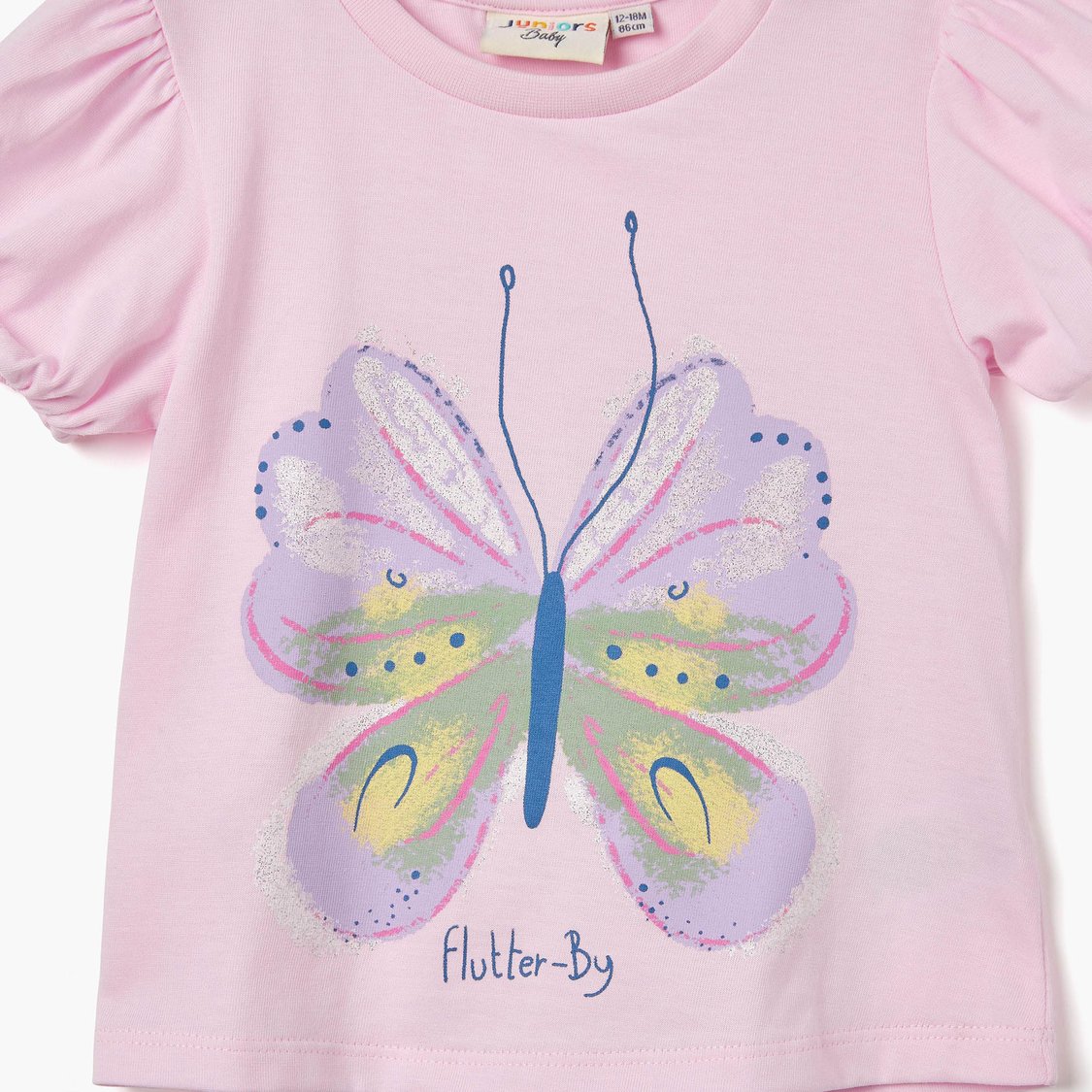 Juniors Butterfly Print T-shirt with Puff Sleeves