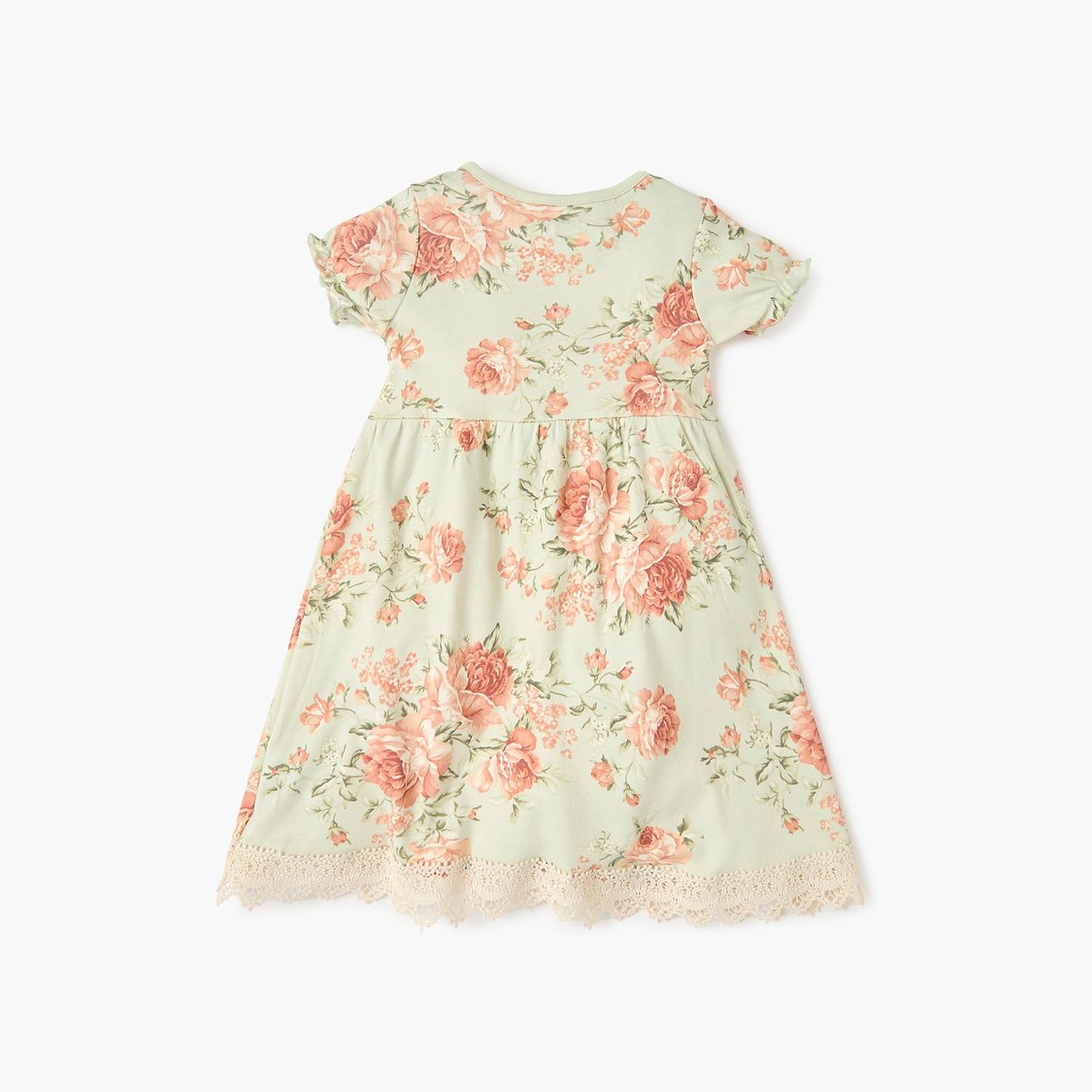 Juniors Floral Print A-line Dress with Short Sleeves and Lace Detail