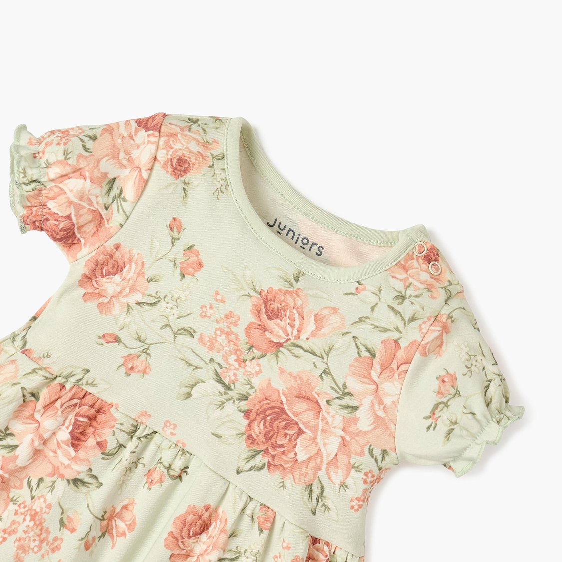 Juniors Floral Print A-line Dress with Short Sleeves and Lace Detail