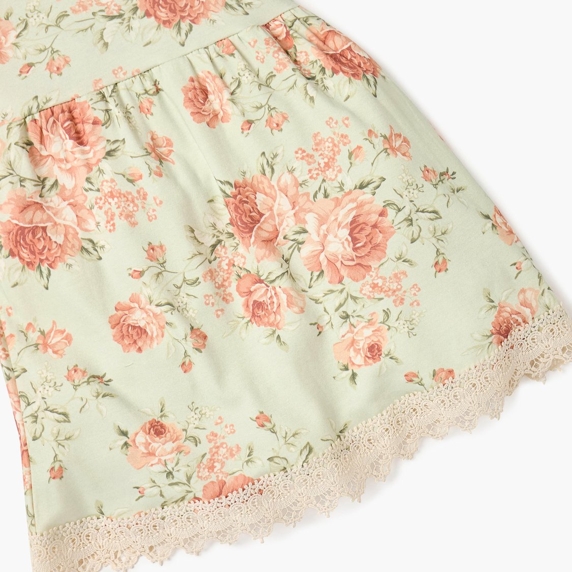 Juniors Floral Print A-line Dress with Short Sleeves and Lace Detail