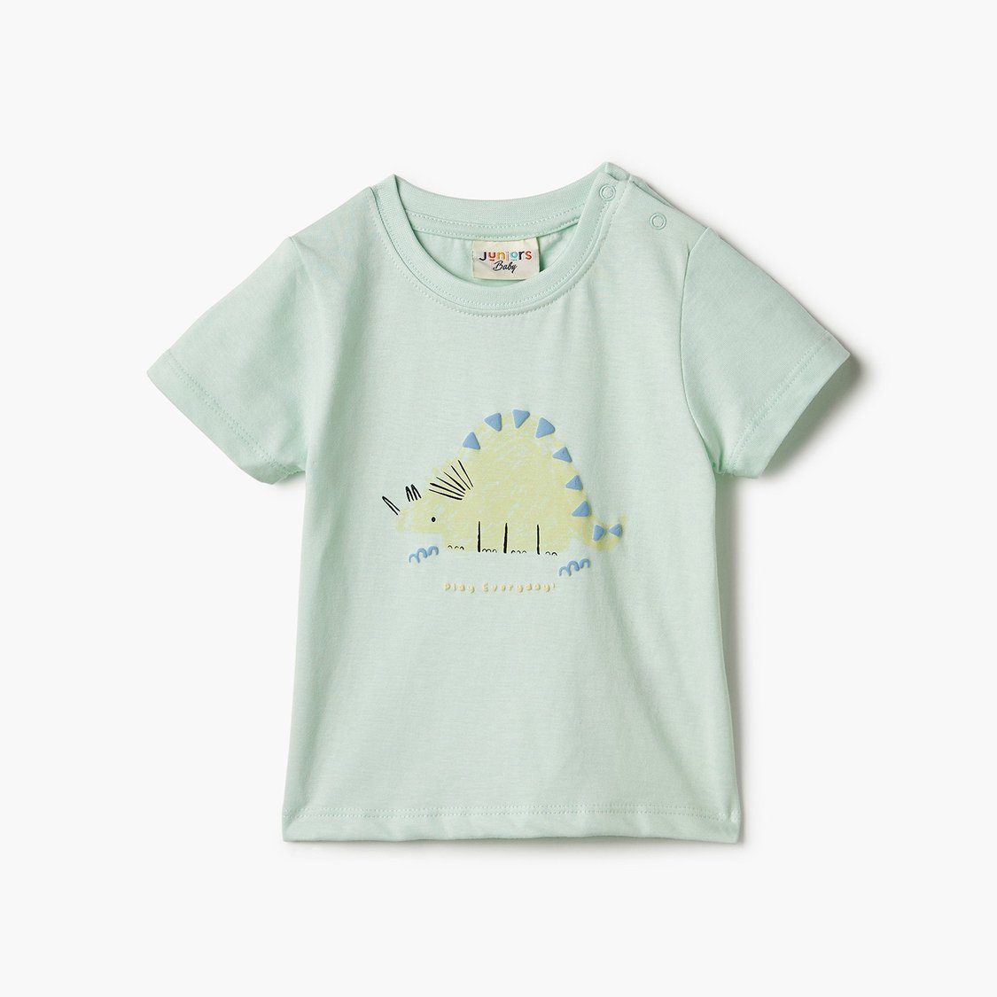 Juniors Graphic Print Round Neck T-shirt with Short Sleeves and Button Closure
