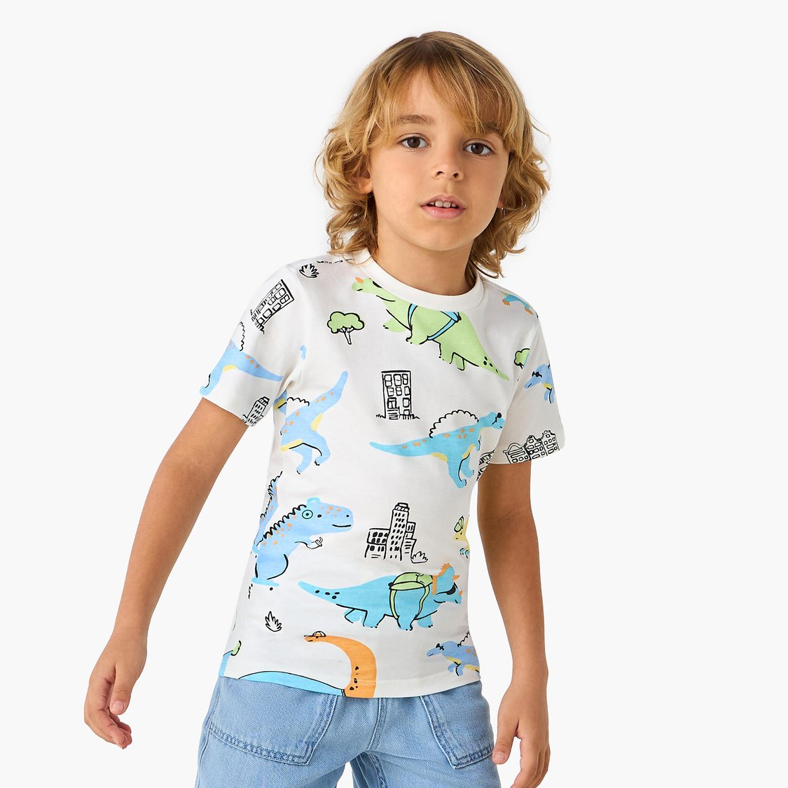 Juniors All-Over Dinosaur Print T-shirt with Crew Neck and Short Sleeves