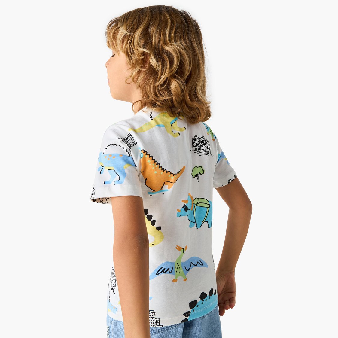 Juniors All-Over Dinosaur Print T-shirt with Crew Neck and Short Sleeves