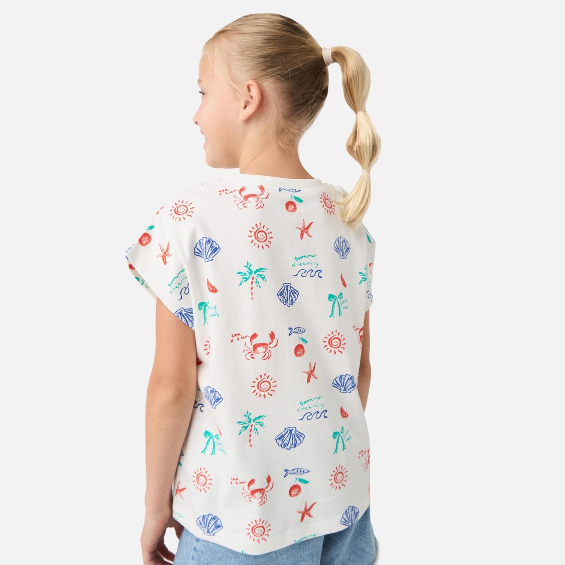 Juniors All-Over Graphic Print Round Neck T-shirt with Extended Sleeves