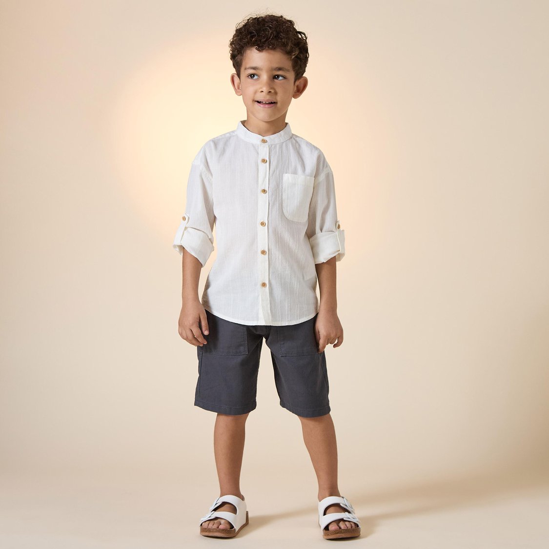 Juniors Textured Shirt with Mandarin Collar and Pocket