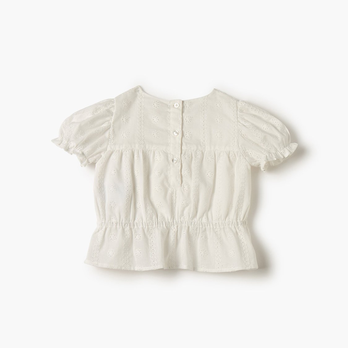 Giggles Schiffli Detail Top with Puff Sleeves and Button Closure