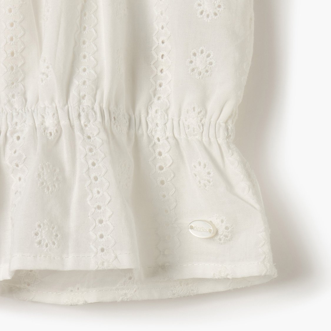 Giggles Schiffli Detail Top with Puff Sleeves and Button Closure