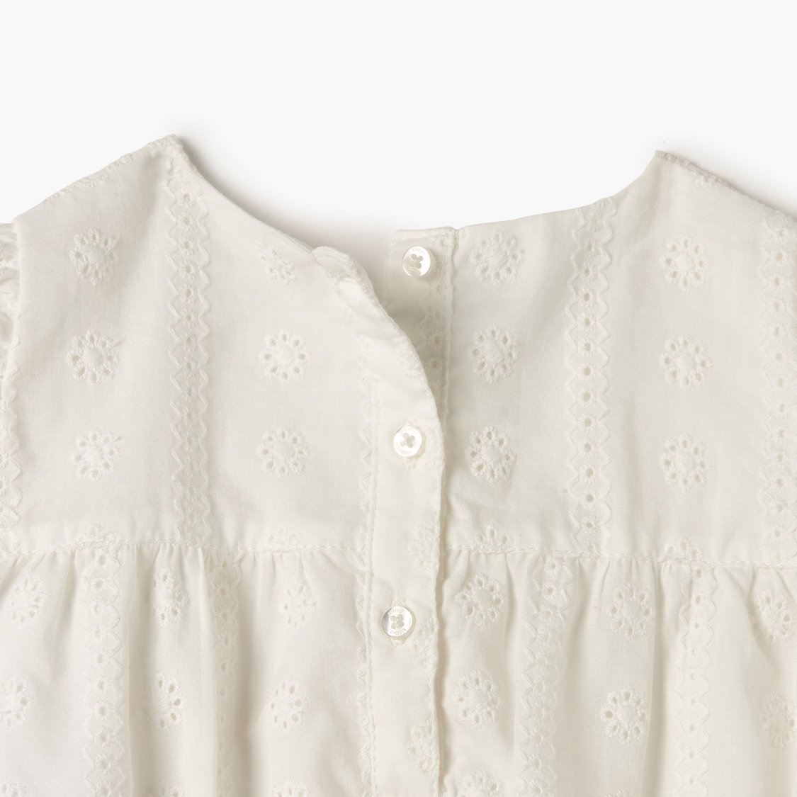 Giggles Schiffli Detail Top with Puff Sleeves and Button Closure