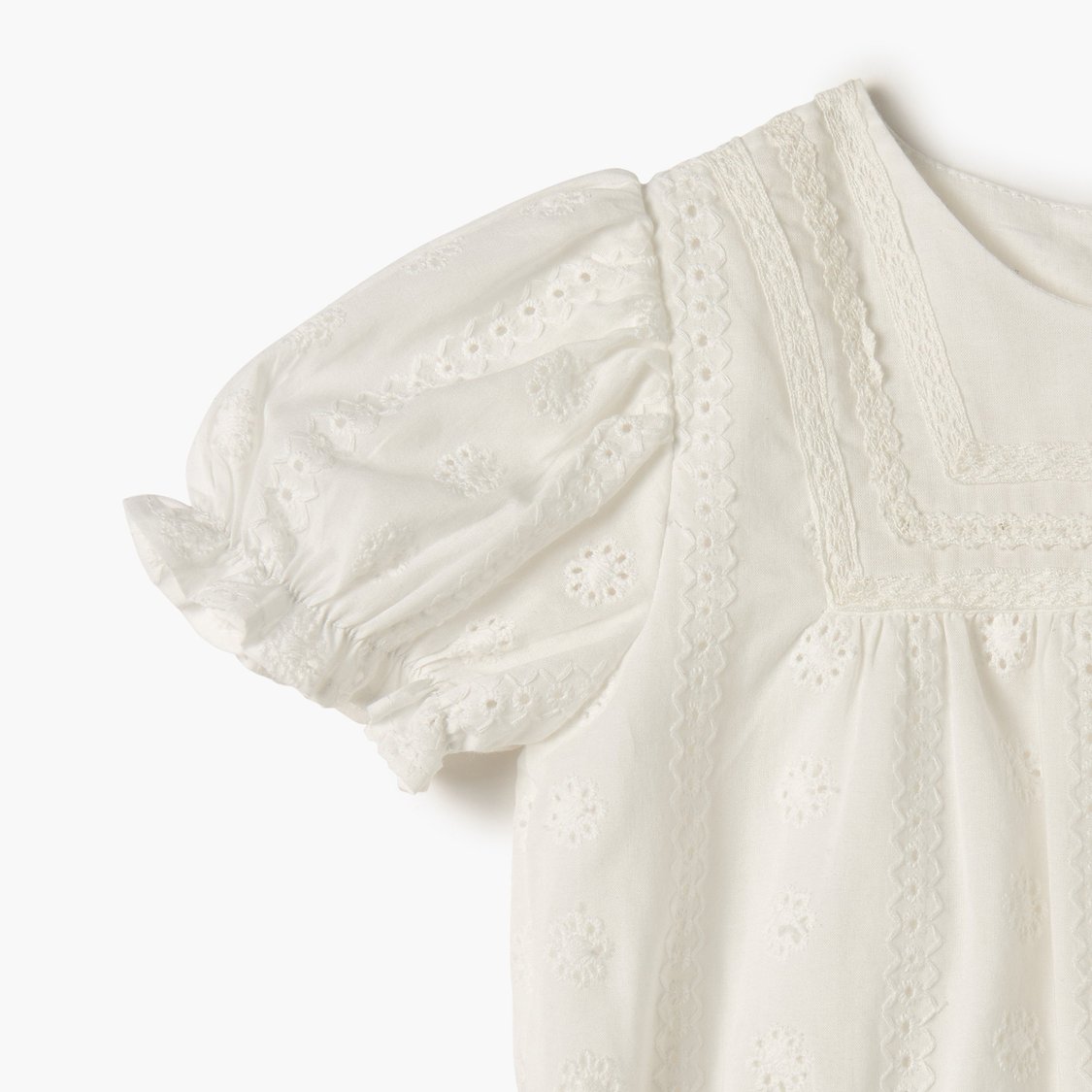 Giggles Schiffli Detail Top with Puff Sleeves and Button Closure