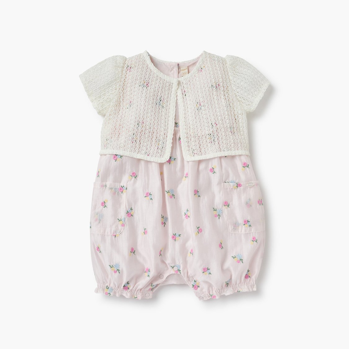 Giggles Floral Embroidered Romper with Knit Jacket Overlay