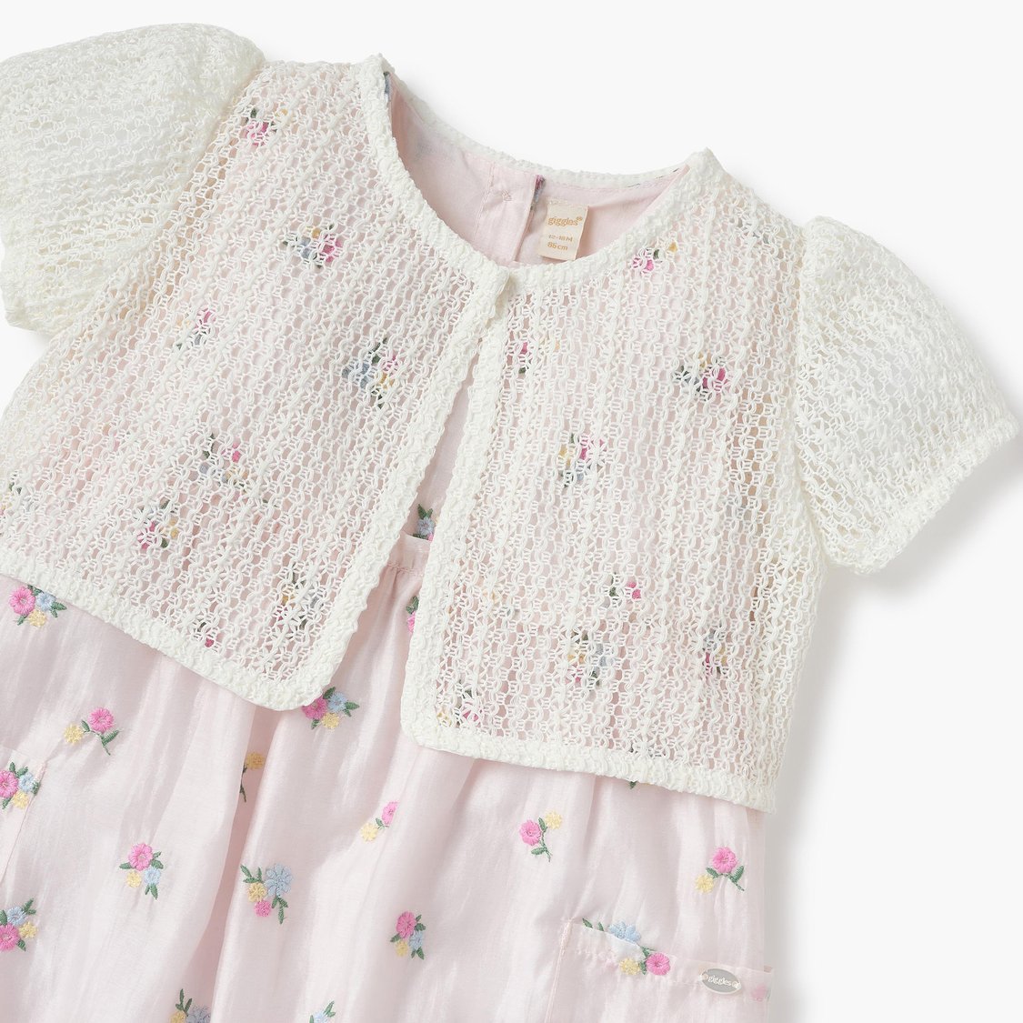 Giggles Floral Embroidered Romper with Knit Jacket Overlay