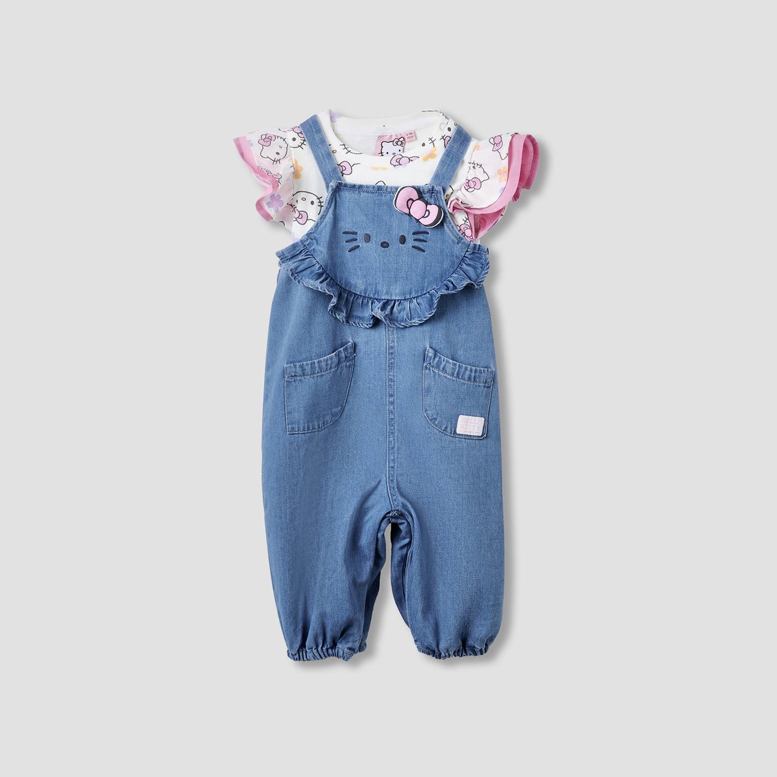 Juniors Hello Kitty Print T-shirt and Denim Dungaree Set
