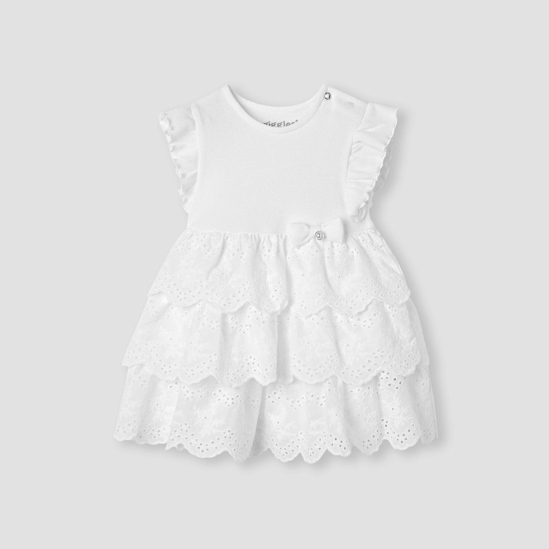 Babyhug 100% Cotton Woven Frill Sleeves Schiffli Frock With Bow Applique- White main image 0
