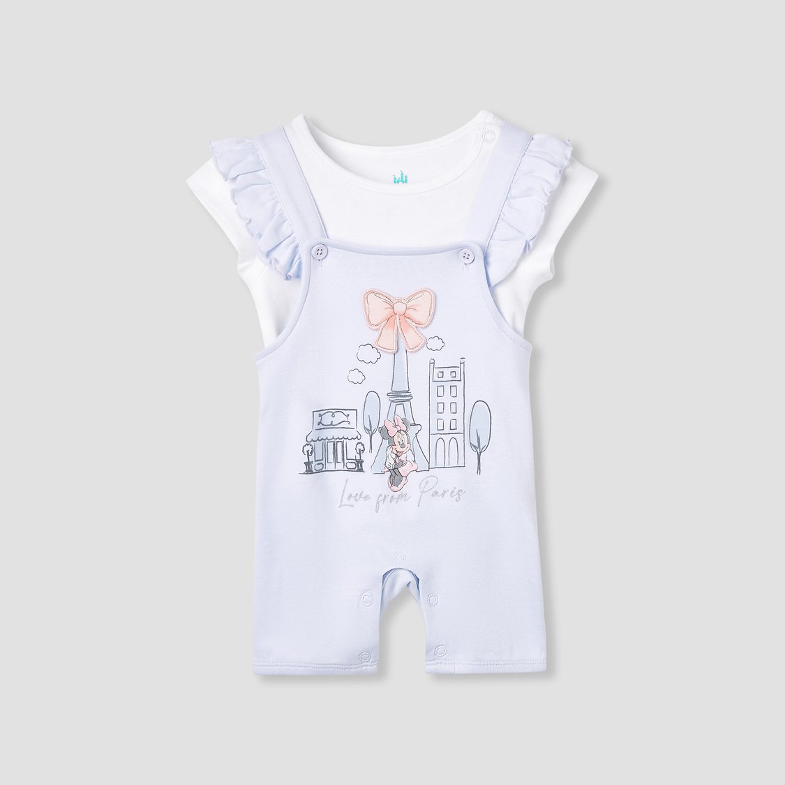 Minnie Mouse Print Dungaree and Solid Top Set