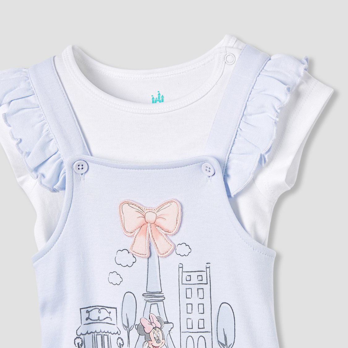 Minnie Mouse Print Dungaree and Solid Top Set