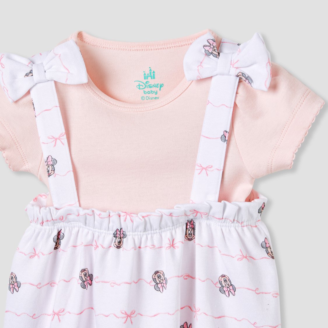Babyhug Disney 100% Cotton Knit Dungaree With Frill Sleeves Top Minnie Mouse Print - Pink
