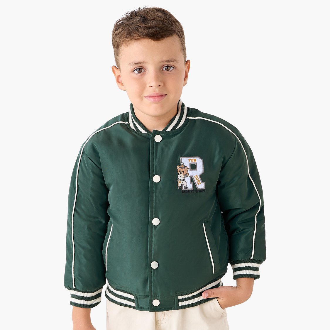 Juniors Teddy Applique Bomber Jacket with Button Closure