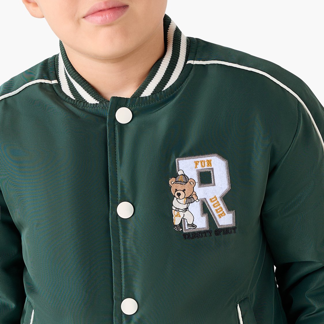 Juniors Teddy Applique Bomber Jacket with Button Closure
