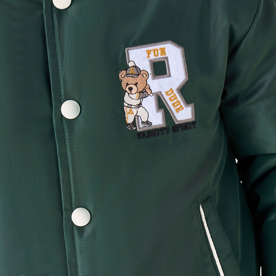 Juniors Teddy Applique Bomber Jacket with Button Closure