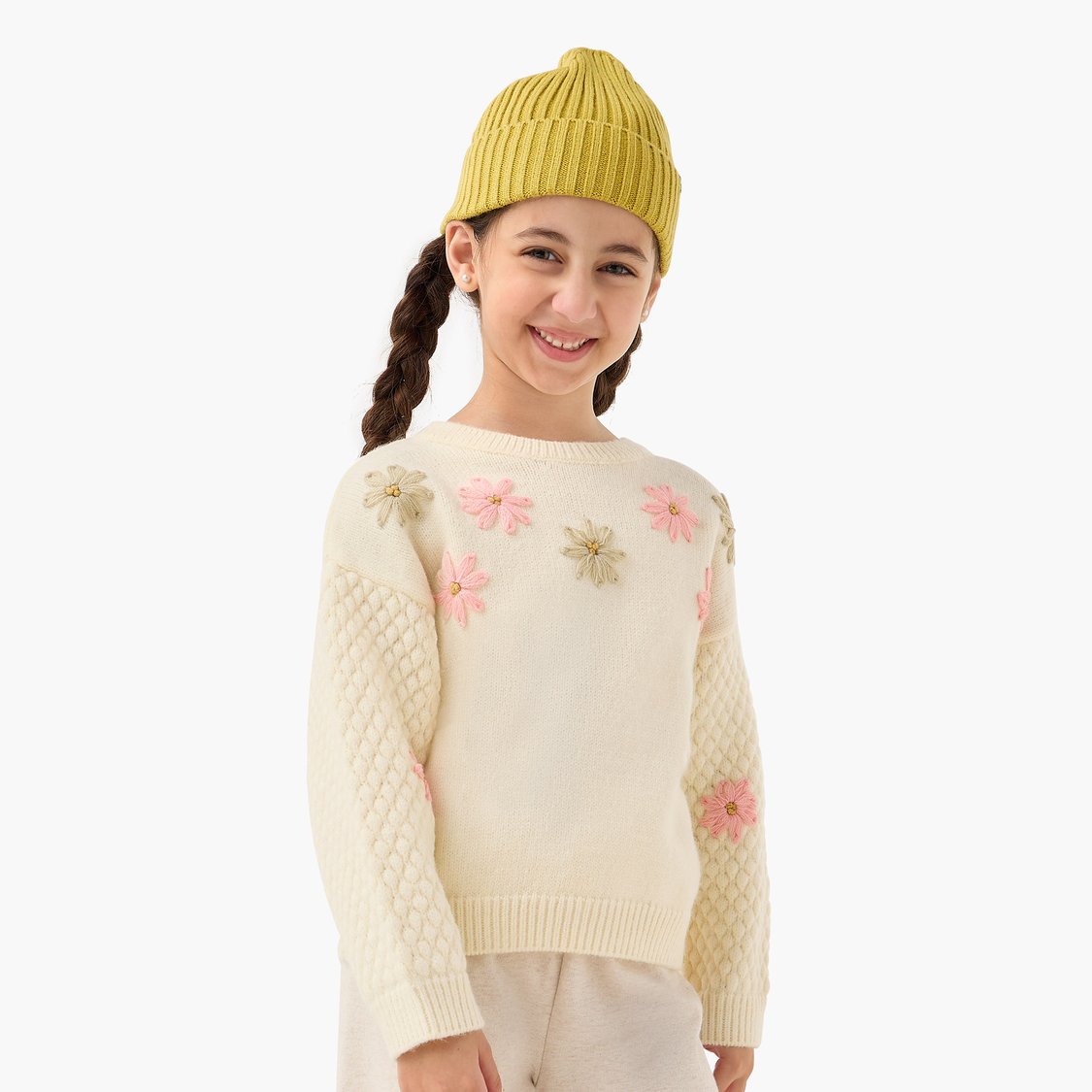 Juniors Floral Embroidered Sweater with Long Sleeves