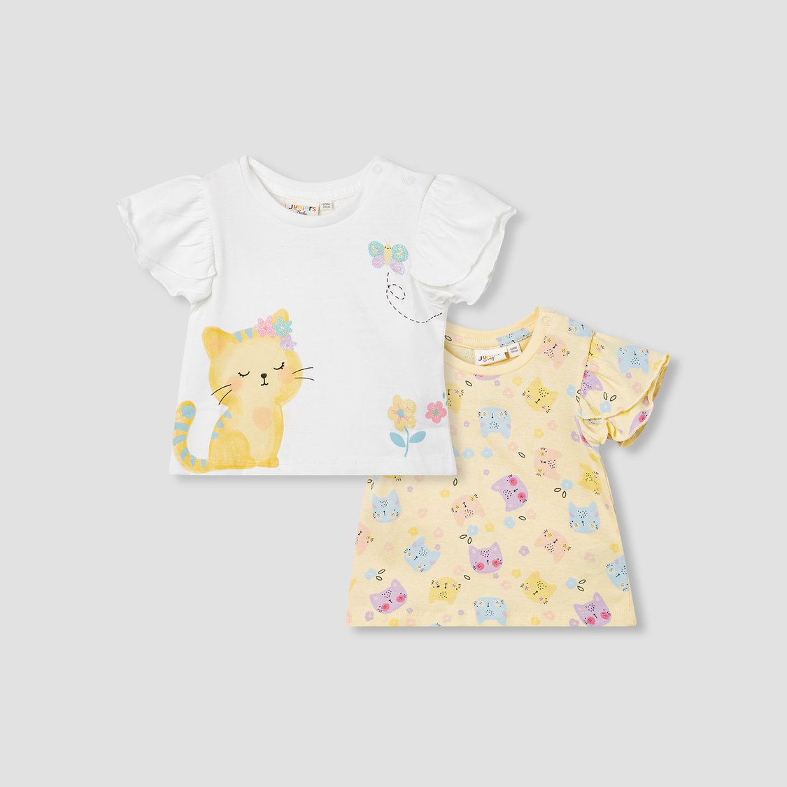 Juniors Cat Print Top with Flutter Sleeves - Set of 2