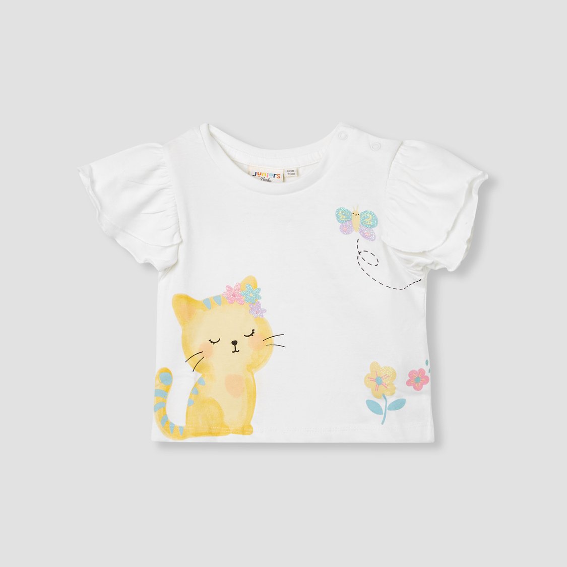 Juniors Cat Print Top with Flutter Sleeves - Set of 2