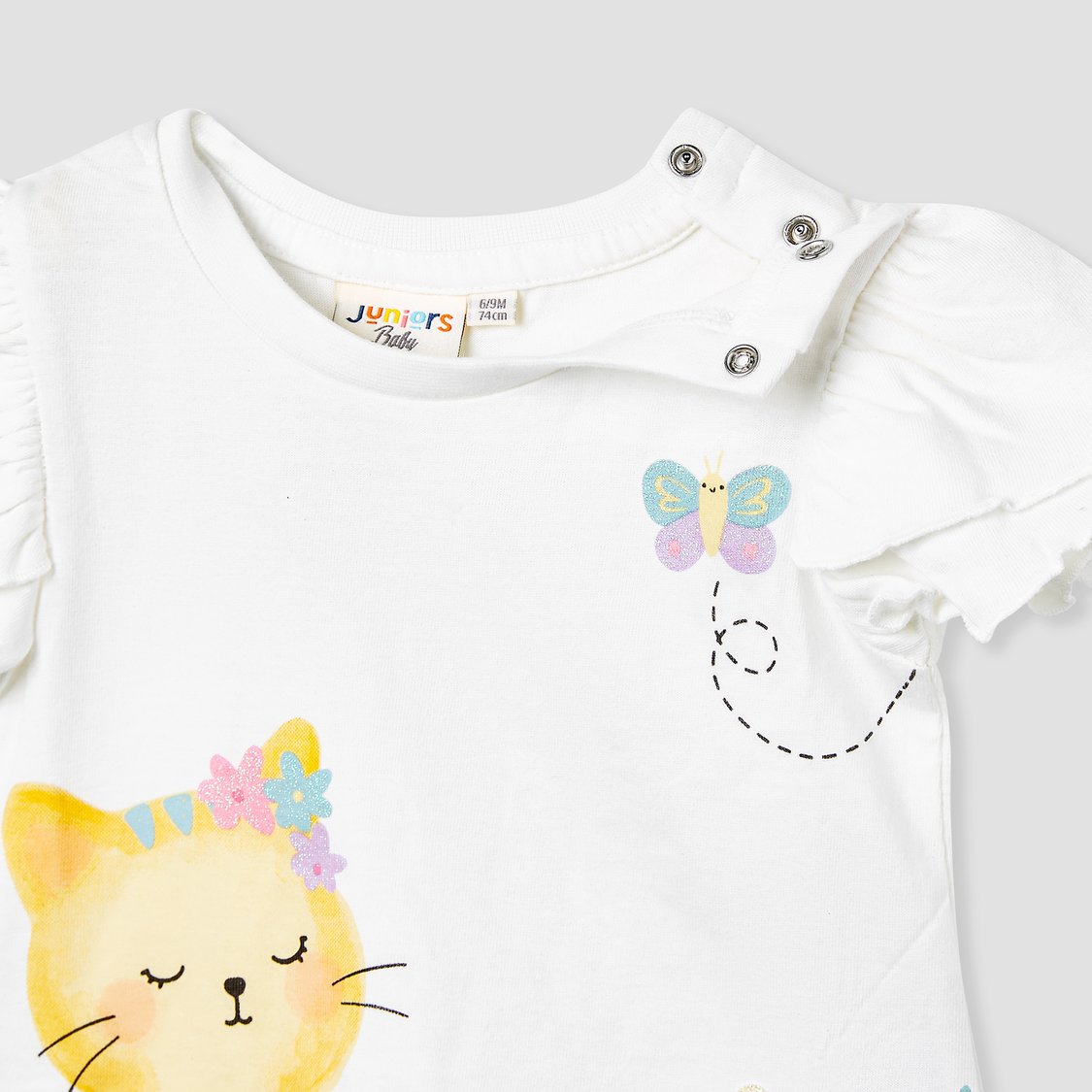 Juniors Cat Print Top with Flutter Sleeves - Set of 2