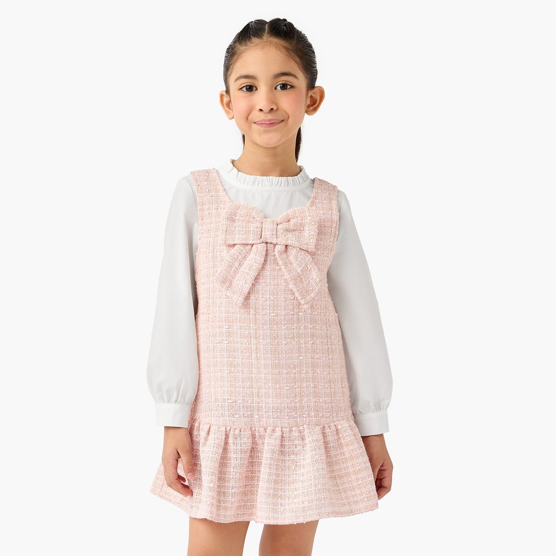 Juniors Tweed Pinafore Dress with Bow Applique