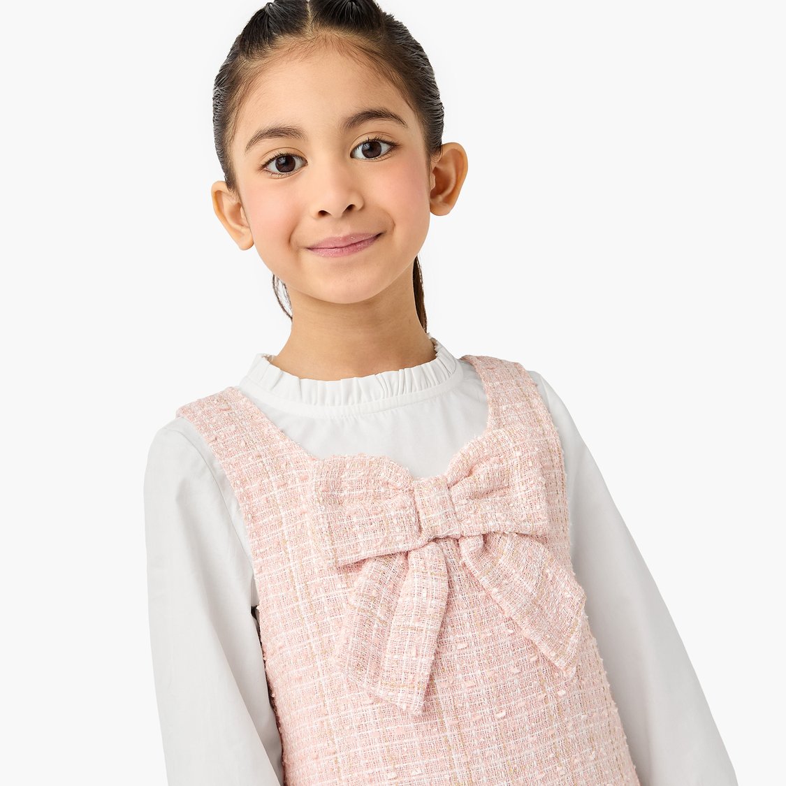 Juniors Tweed Pinafore Dress with Bow Applique