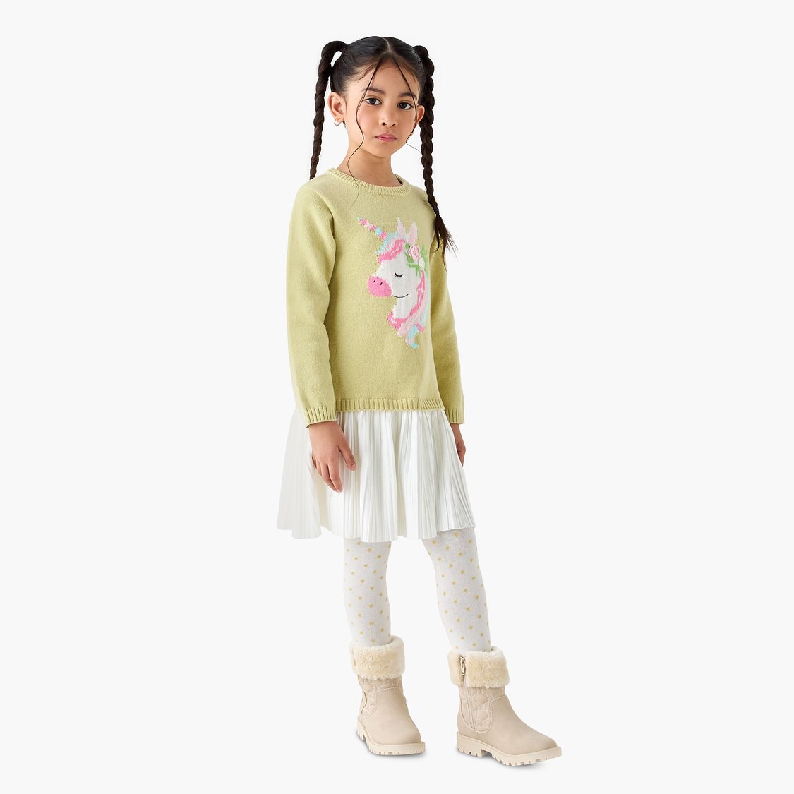 Juniors Unicorn Applique Sweater Dress with Polka Dot Tights