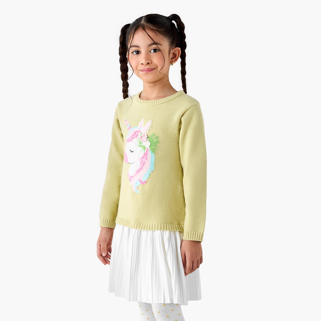 Juniors Unicorn Applique Sweater Dress with Polka Dot Tights