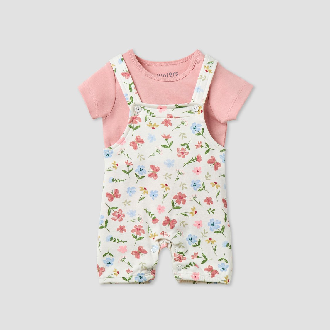 Juniors Floral Print Dungarees and T-shirt Set