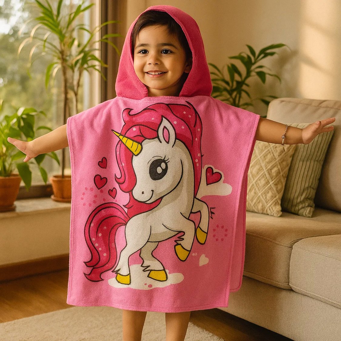 Unicorn Print Hooded Poncho Towel - 60x60cm