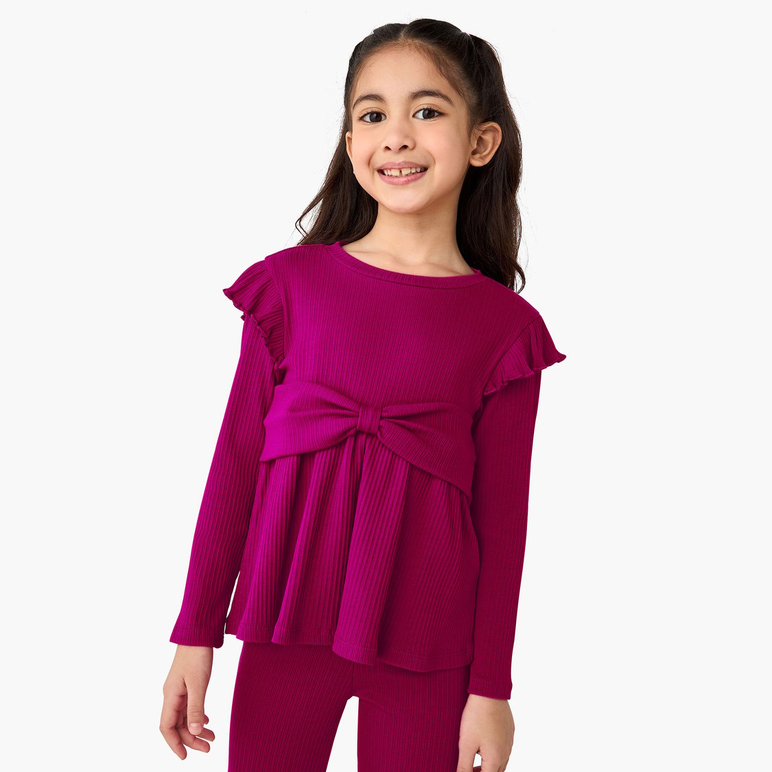 Juniors Ribbed Texture Top and Flared Pants Set