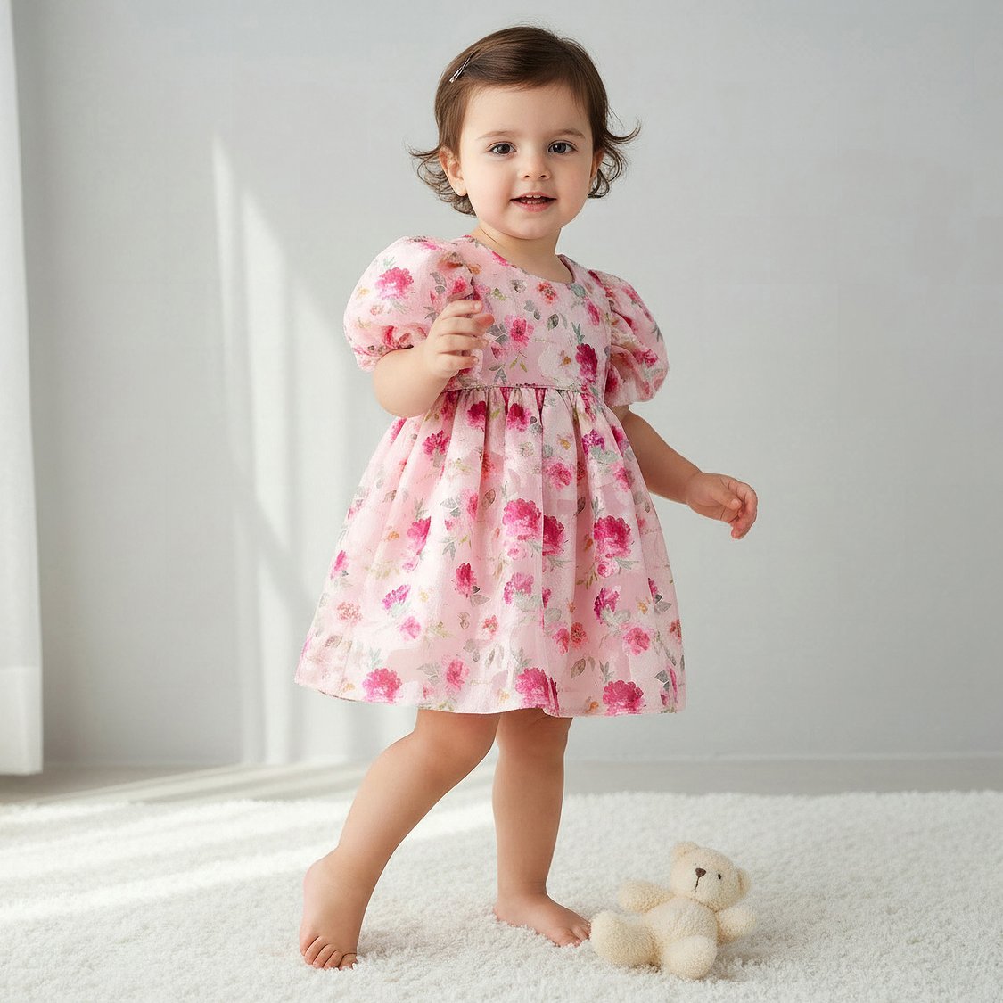 Juniors Floral Print Dress with Puff Sleeves
