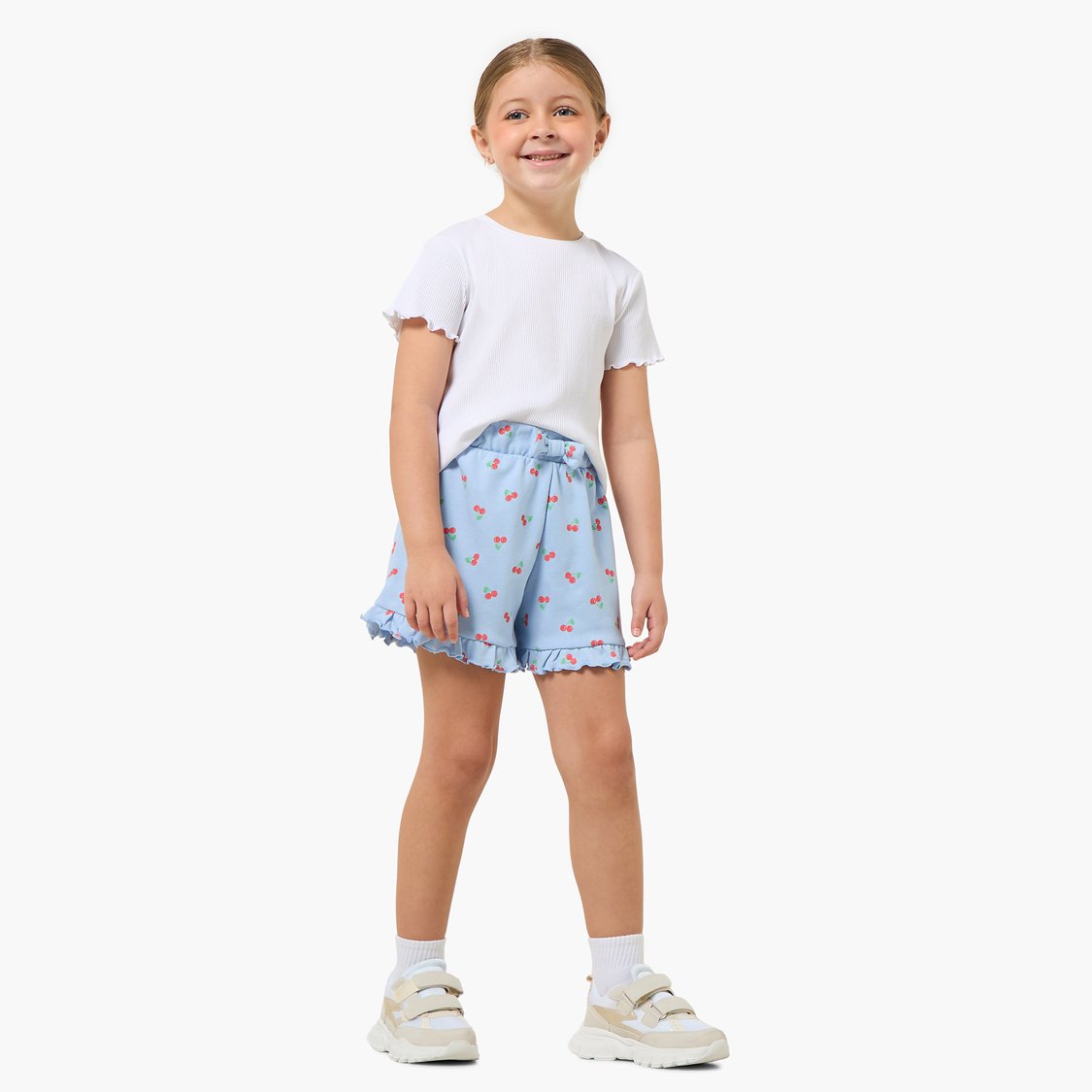 Juniors Cherry Print Shorts with Ruffle Hem