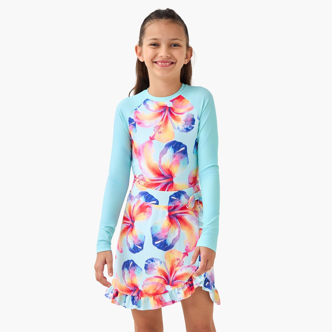 Juniors Floral Print Swimsuit with Skirt