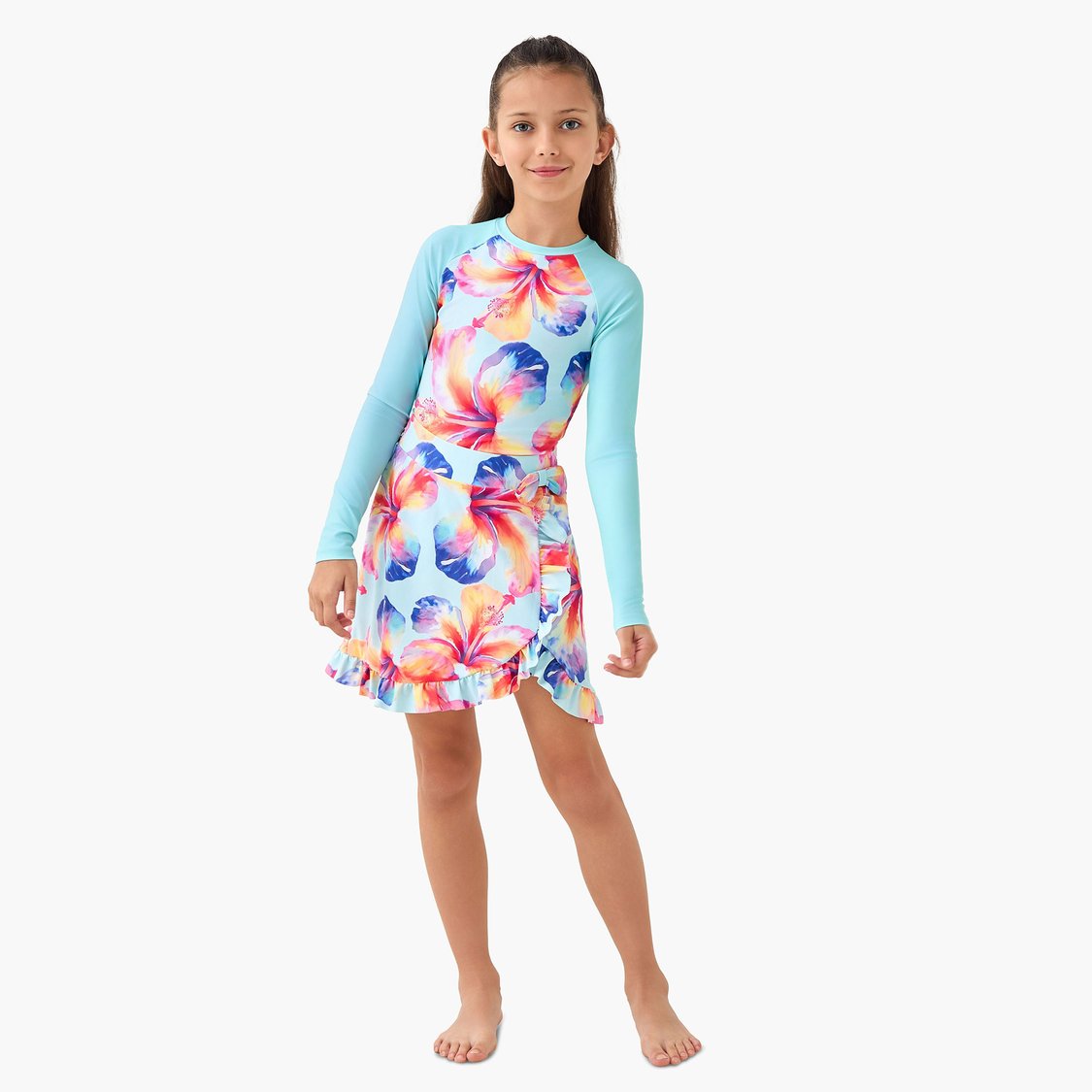 Juniors Floral Print Swimsuit with Skirt