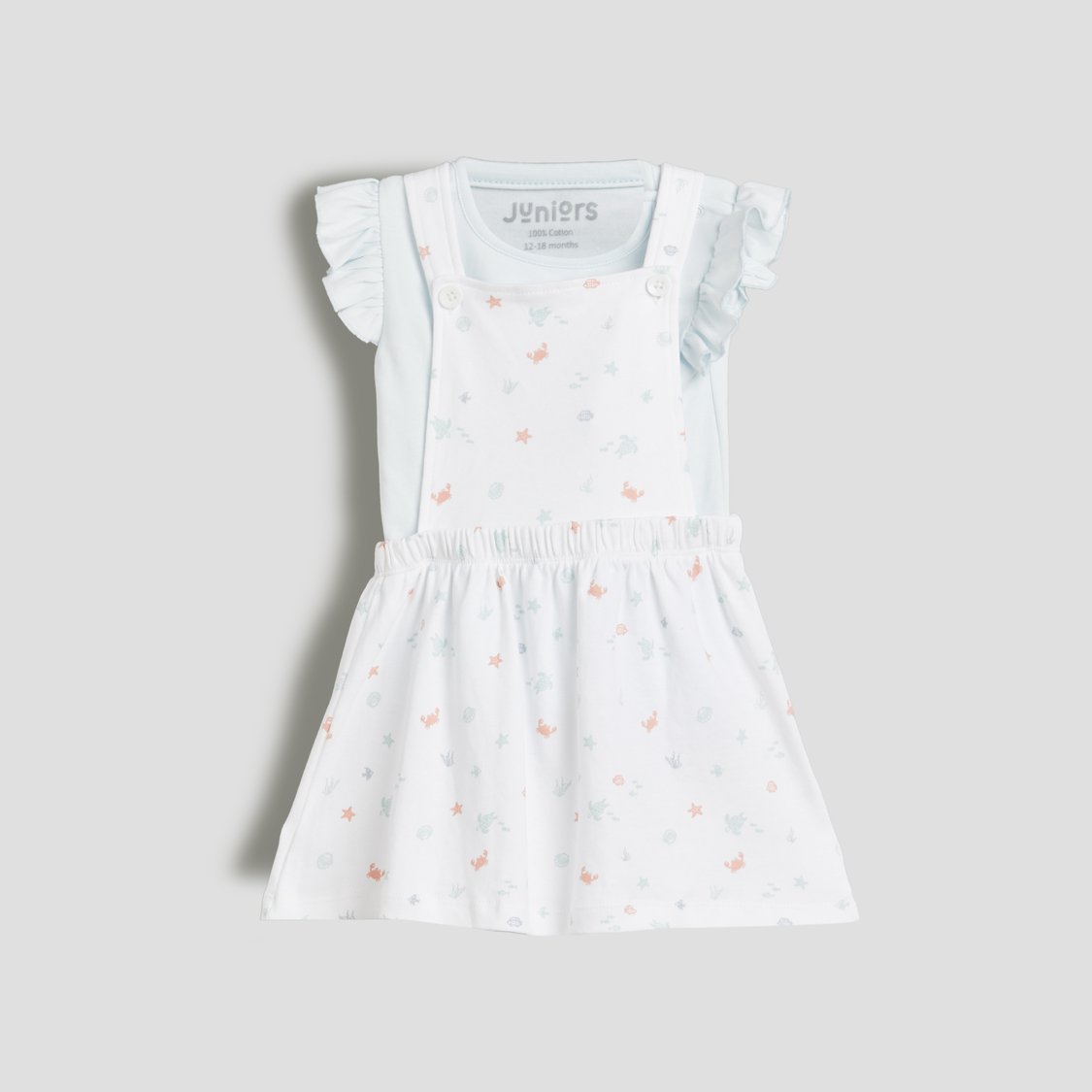 Juniors Printed Pinafore Dress with T-shirt