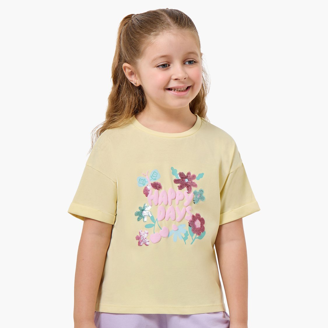 Juniors Floral Sequin T-shirt