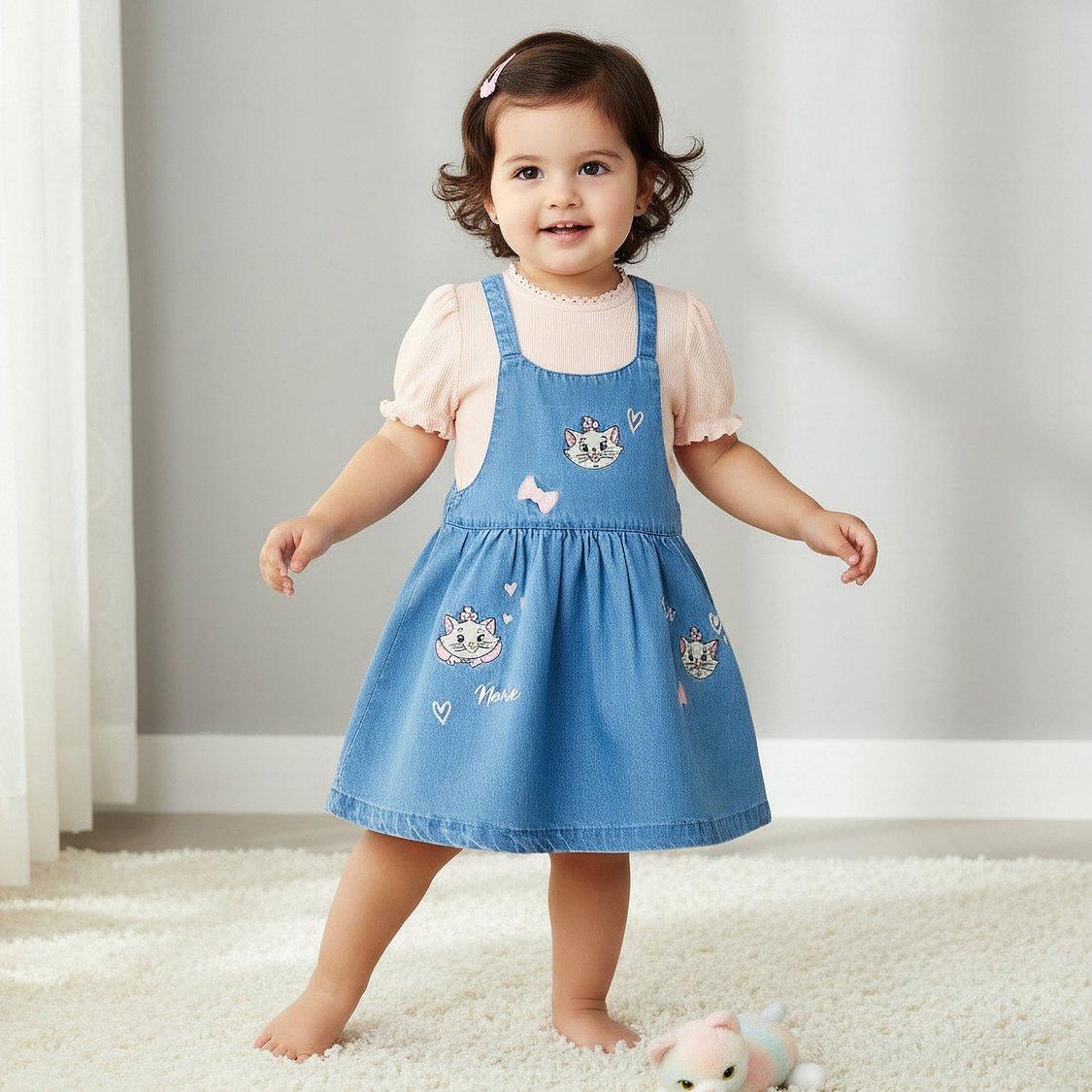 Juniors Marie Embroidery Denim Pinafore Dress and Top