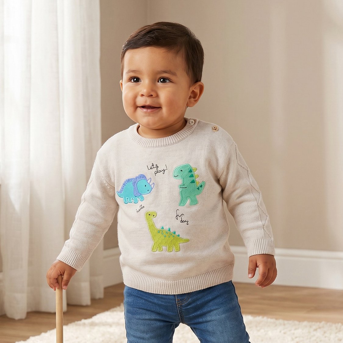 Juniors Dinosaur Embroidered Sweater