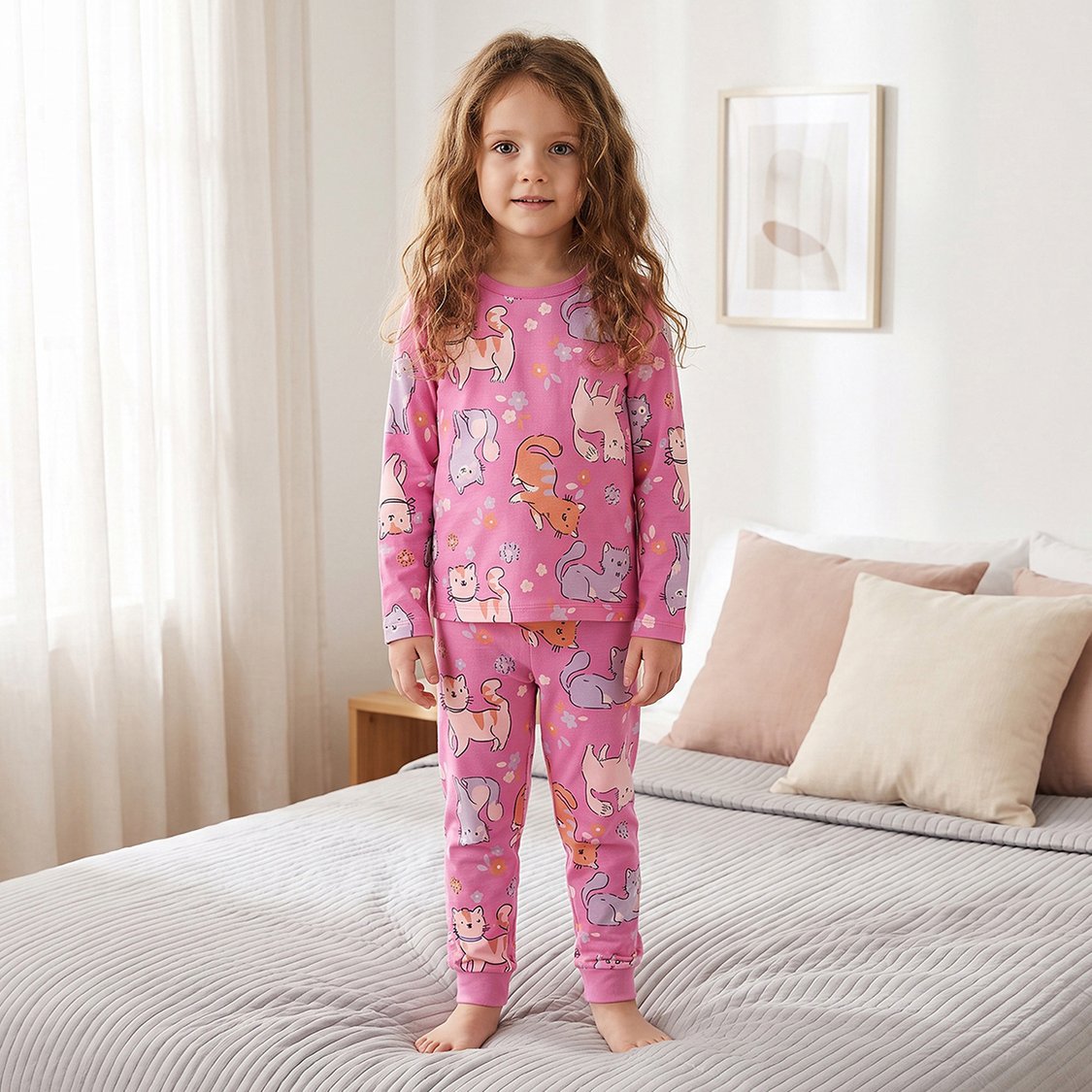 Juniors Cat Print T-shirt with Pyjama Set