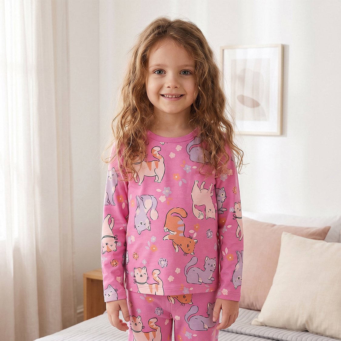 Juniors Cat Print T-shirt with Pyjama Set