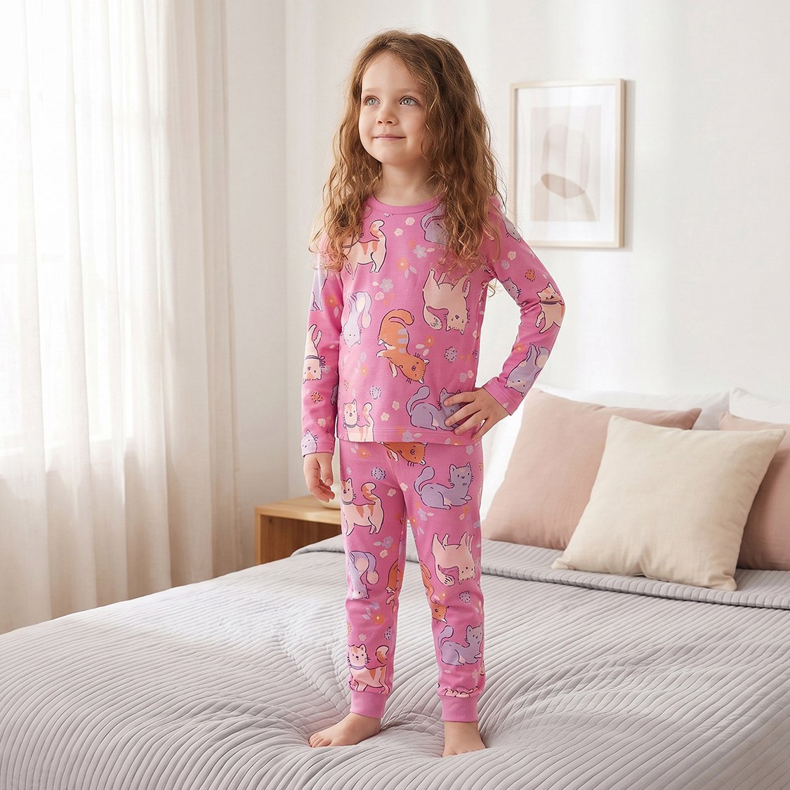 Juniors Cat Print T-shirt with Pyjama Set