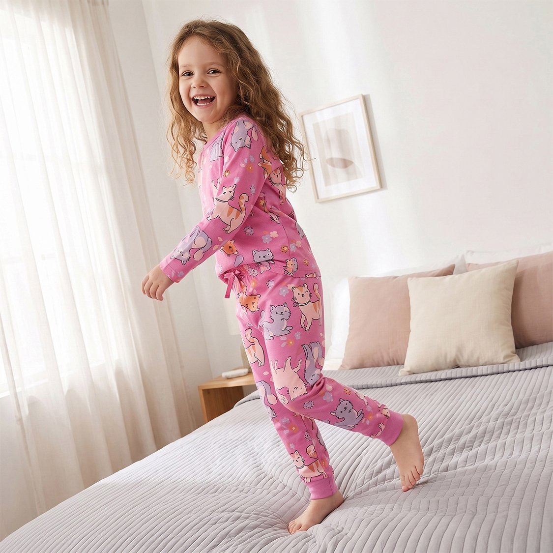 Juniors Cat Print T-shirt with Pyjama Set
